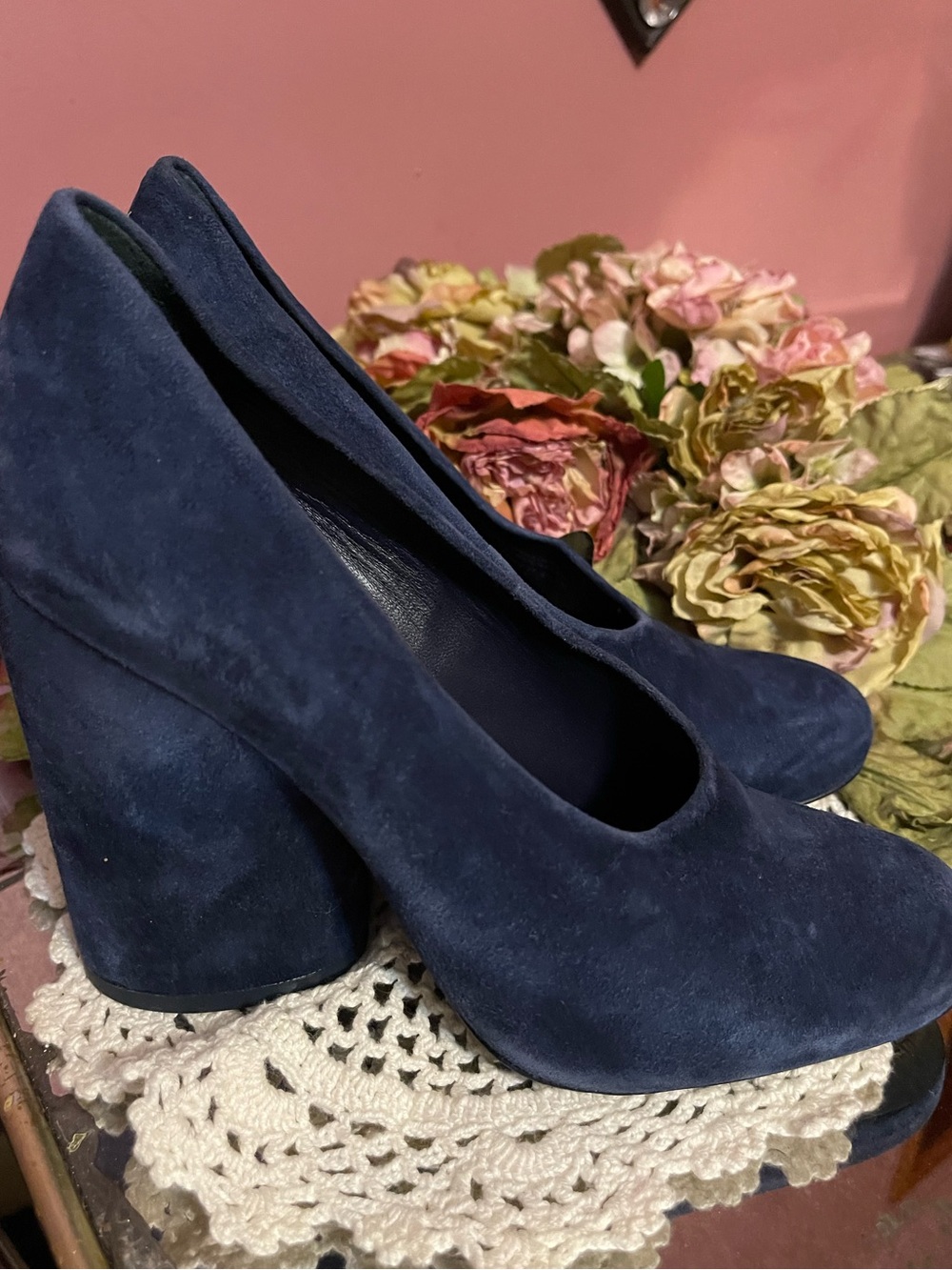 Tory Burch Navy Suede Chunky Heel Pumps